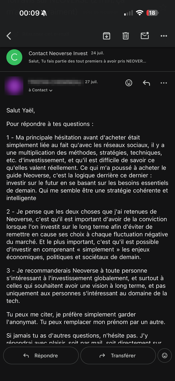 Capture du mail du lecteur, nom et avatar masqués