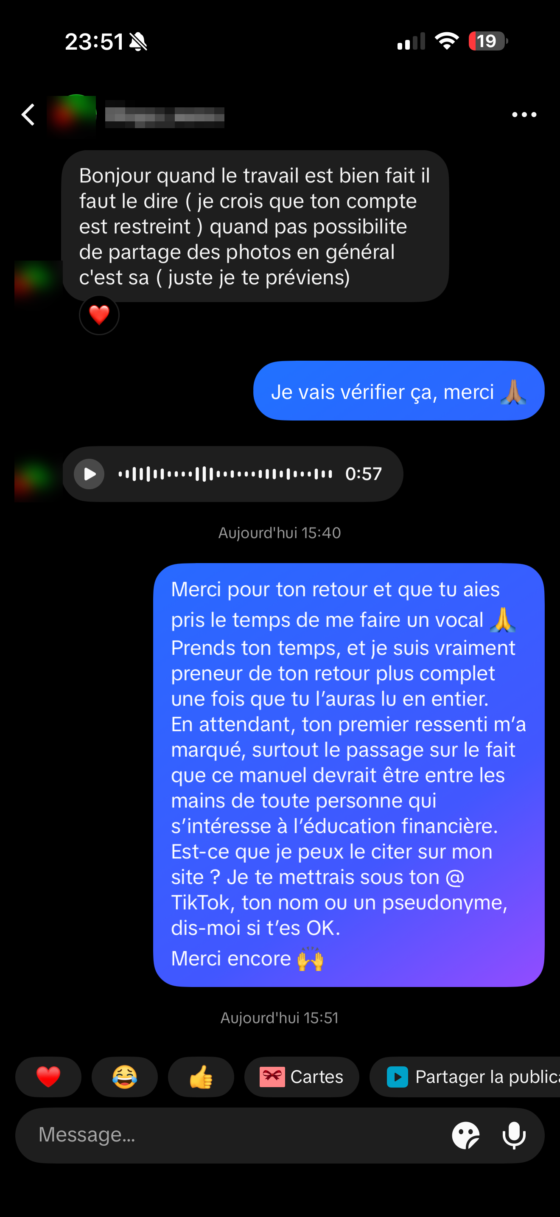 Capture de la conversation TikTok, pseudo et avatars masqués